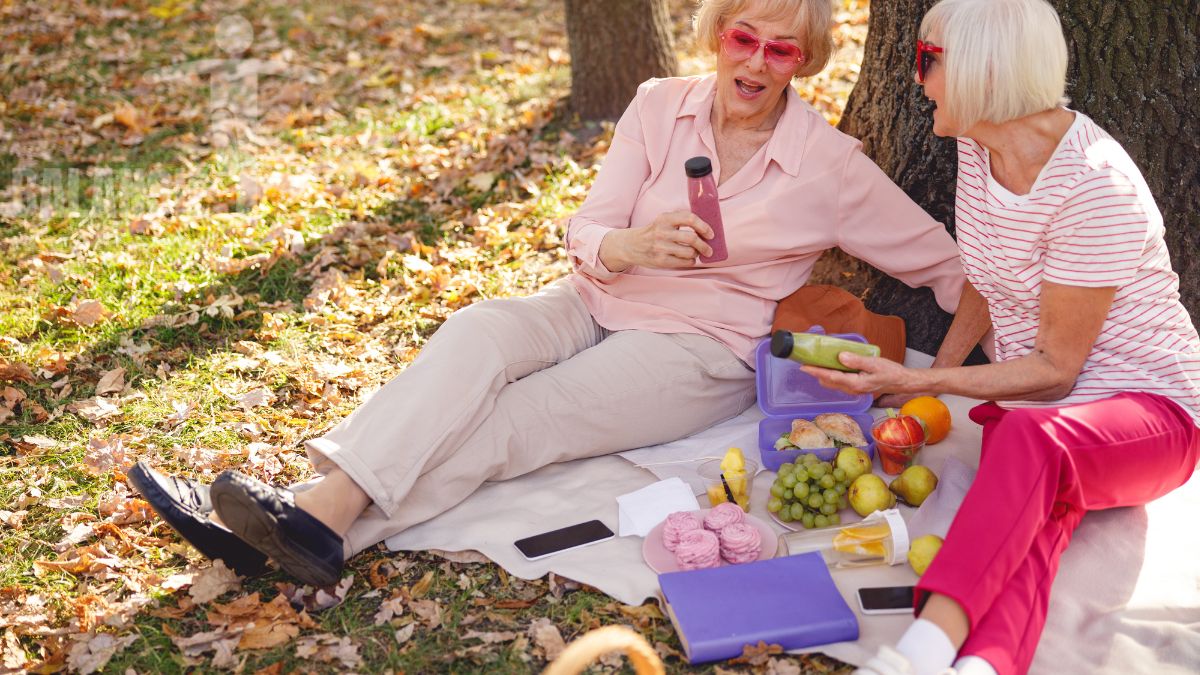 Picknickmand met gezonde hapjes in het gras